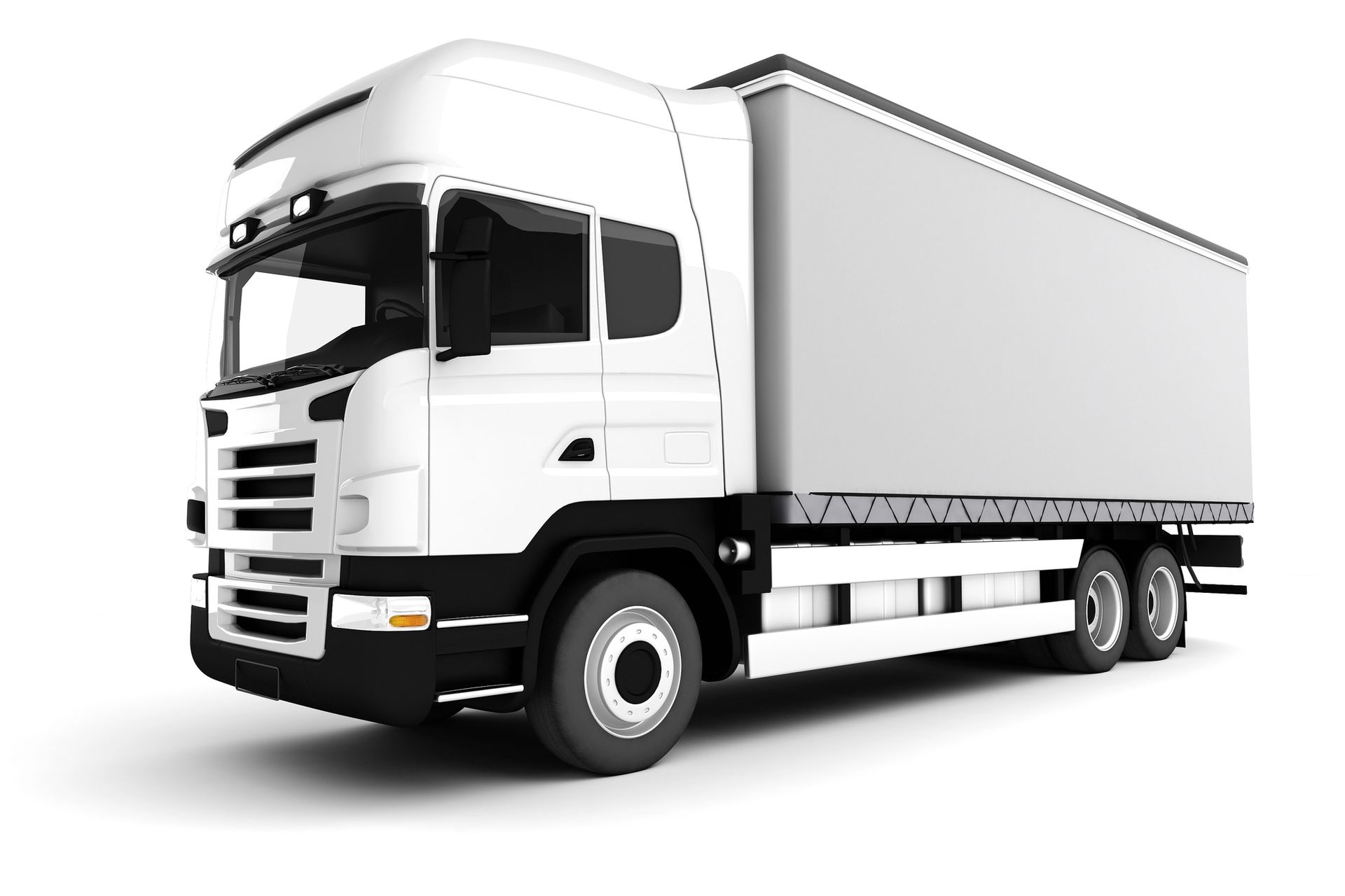 A white semi truck is sitting on a white surface.