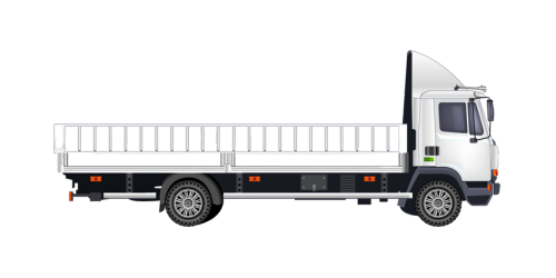 A white truck with a flatbed is shown from the side on a white background.