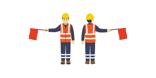 Two construction workers are holding red flags in their hands.