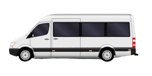 A white van with black windows is shown on a white background.