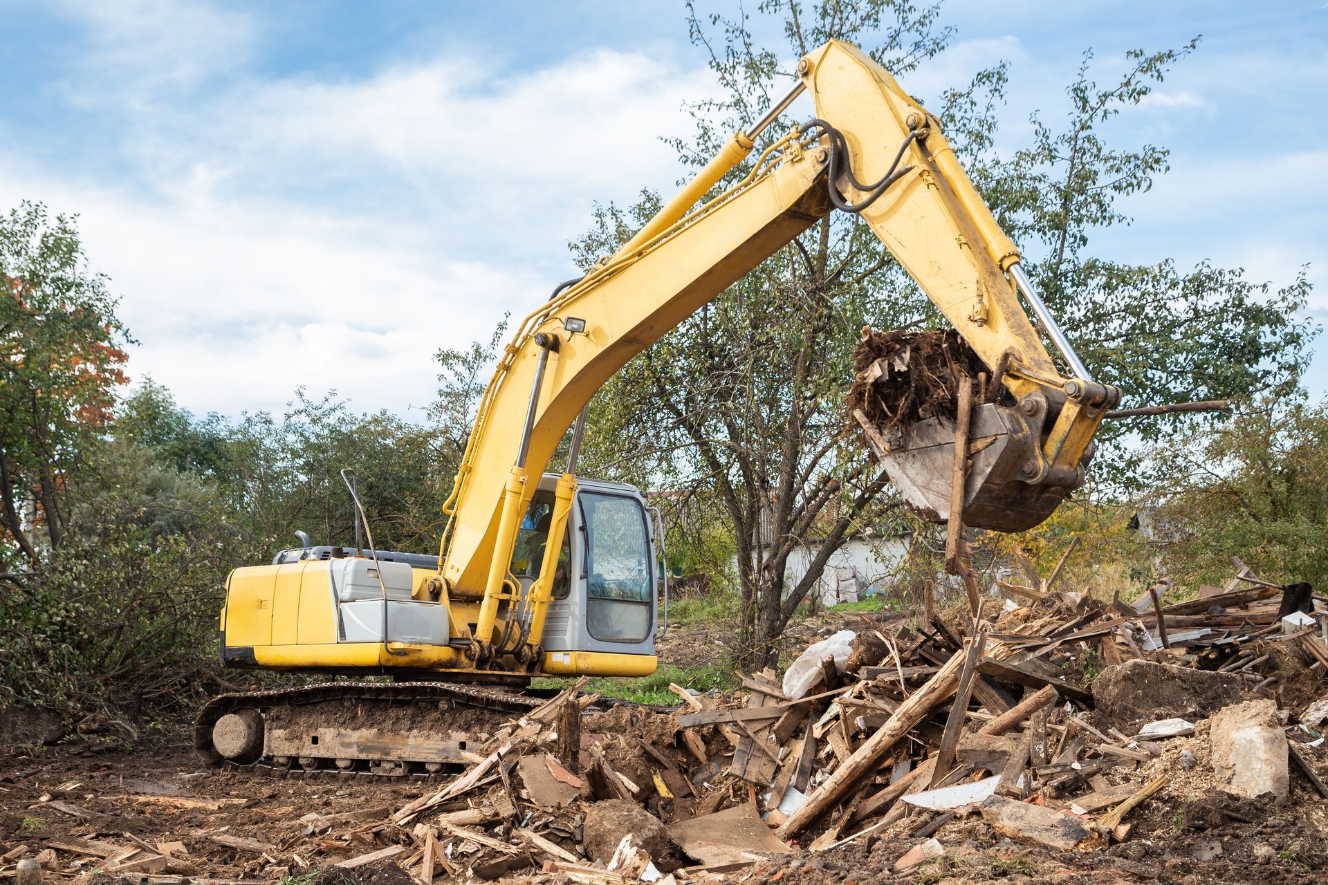 Yellow excavator clearing debris in a wooded area under a cloudy sky Yellow excavator clearing debris in a wooded area under a cloudy sky