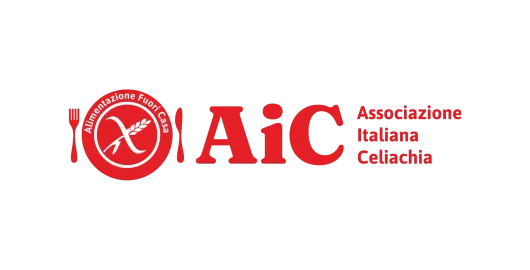 Logo AIC con simbolo celiaco rosso e scritta “Associazione Italiana Celiachia” su sfondo bianco