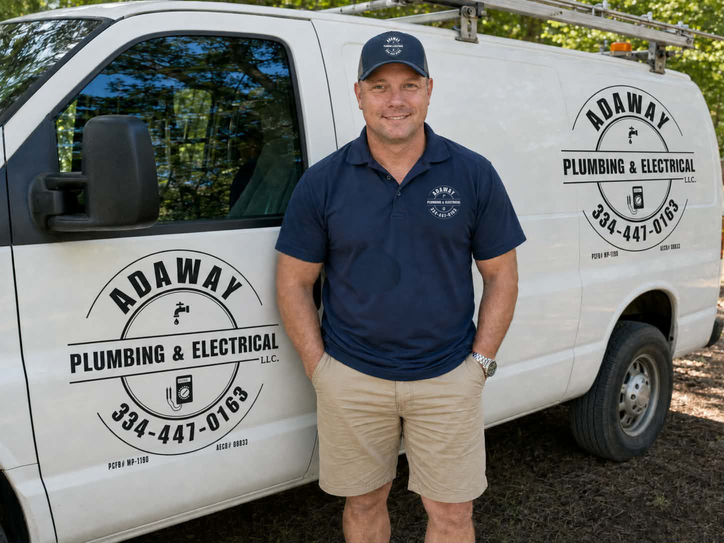 Chad Adaway of Adaway Plumbing and Electrical standing beside the company service van in Hartford, Alabama