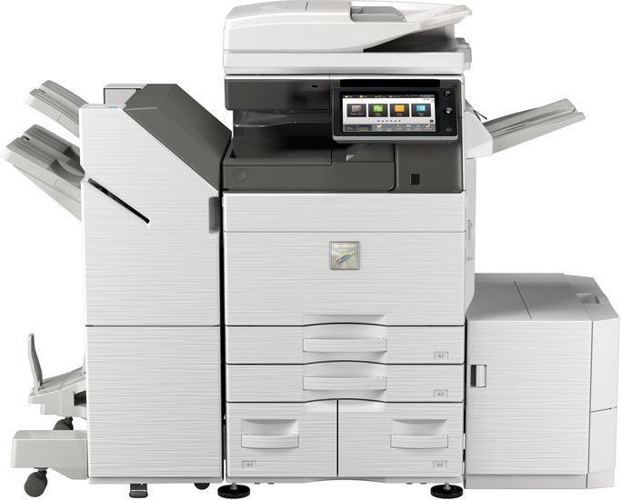 Large white office multifunction printer/copier with touchscreen and paper trays, shown from the front