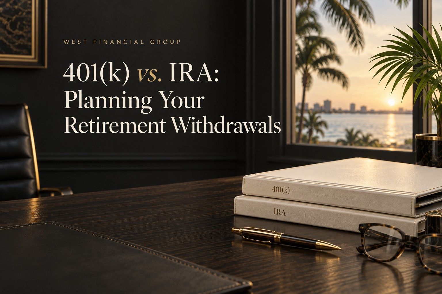 West Financial Group cover comparing 401(k) and IRA withdrawals beside two retirement folders.