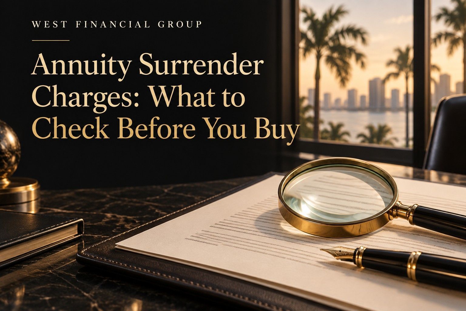 West Financial Group cover about annuity surrender charges with a magnifying glass over a contract.