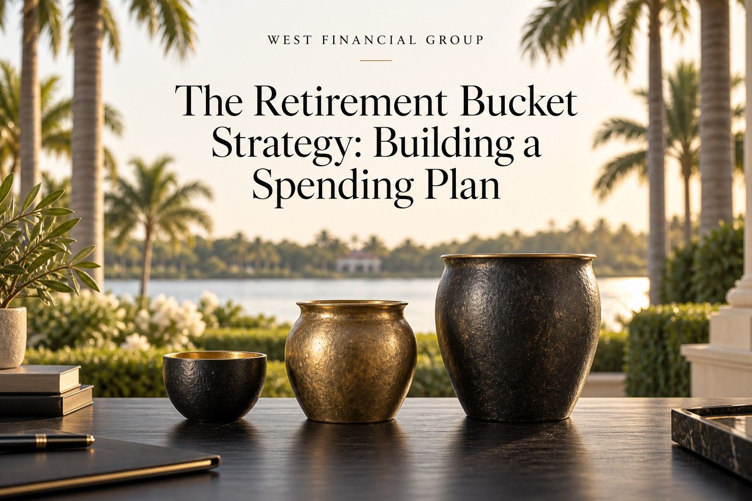 West Financial Group retirement bucket strategy cover with three decorative vessels beside a lake.