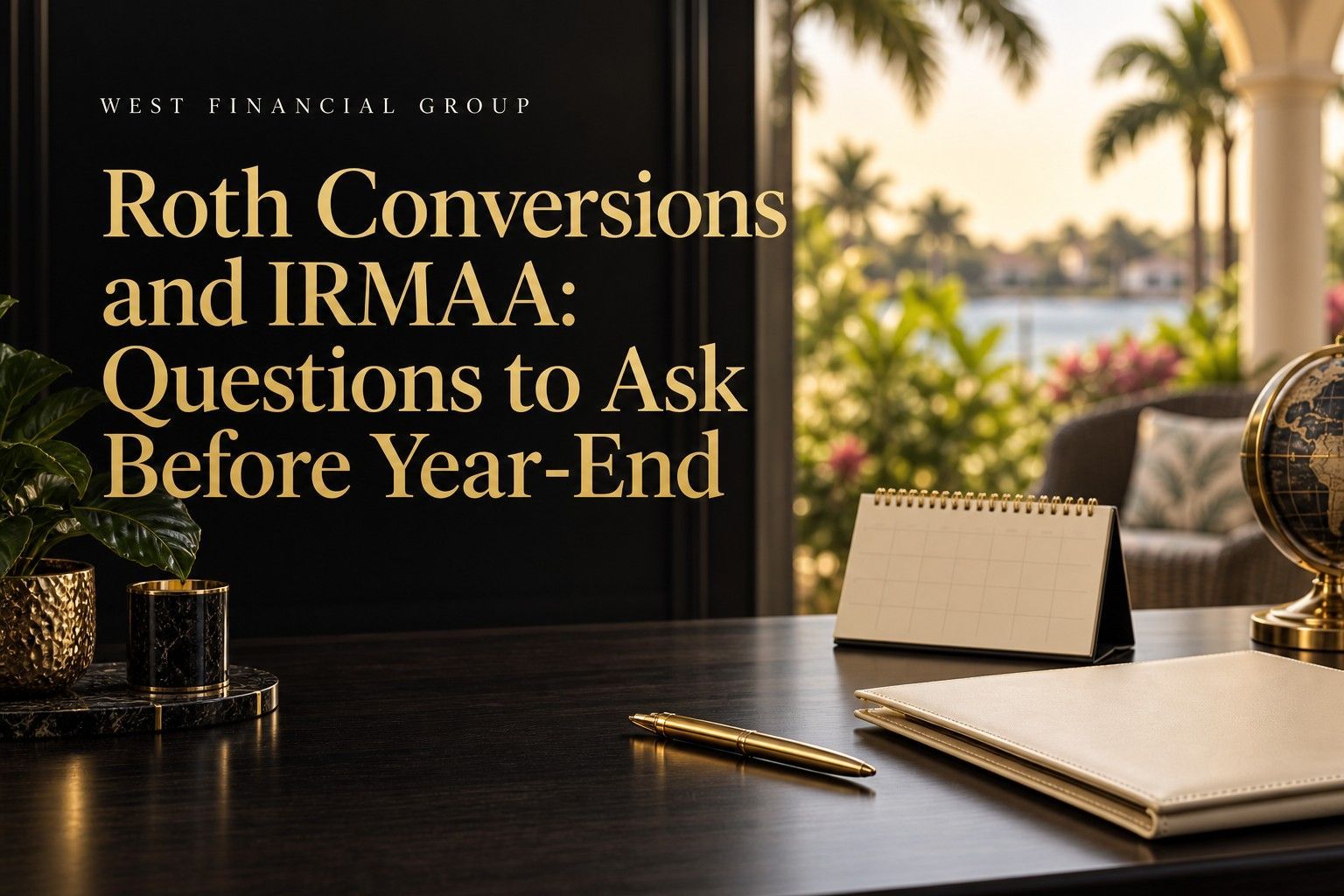 West Financial Group cover about Roth conversions and IRMAA beside a calendar and planning folder.