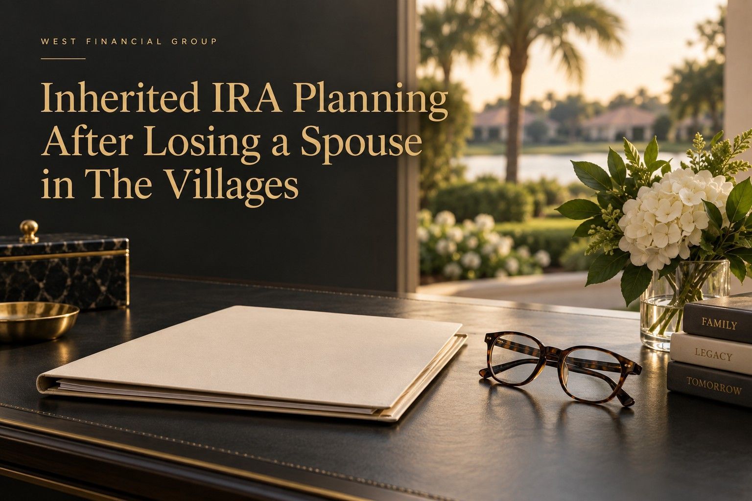 West Financial Group inherited IRA planning cover with a folder, glasses, and white flowers.