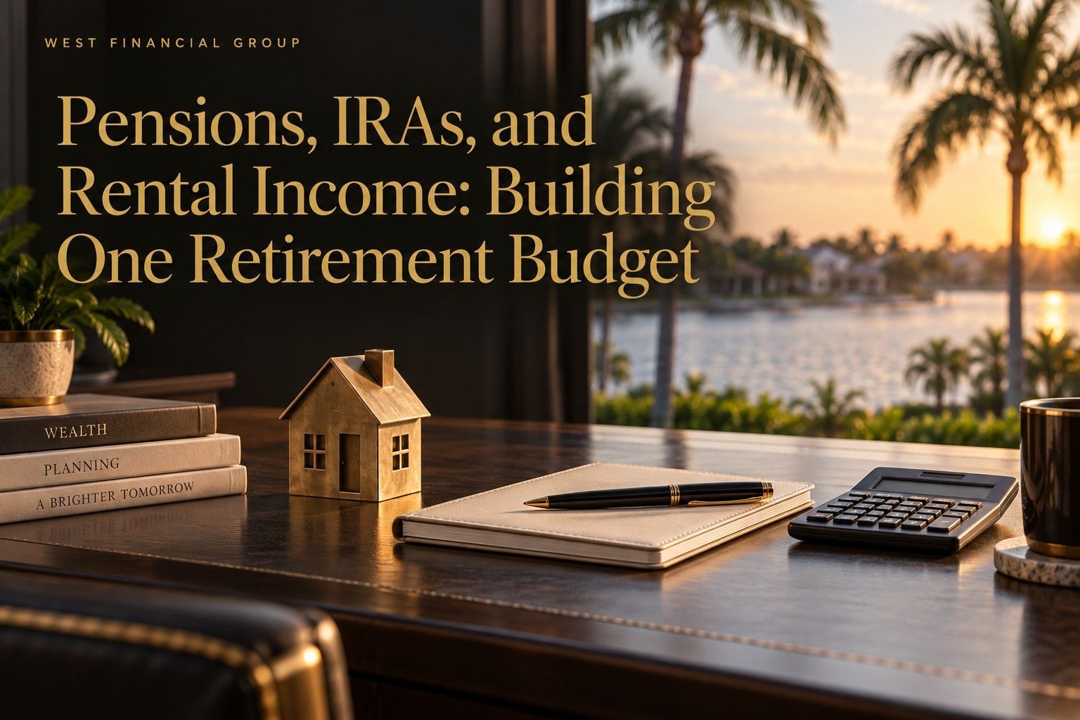 West Financial Group retirement budget cover with a brass house model, notebook, and calculator.