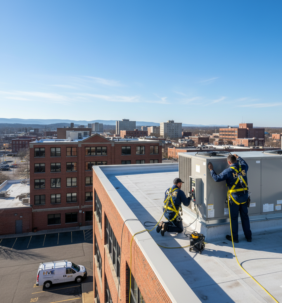 Two workers in harnesses servicing an HVAC unit on a rooftop. City buildings and blue sky are in the background.