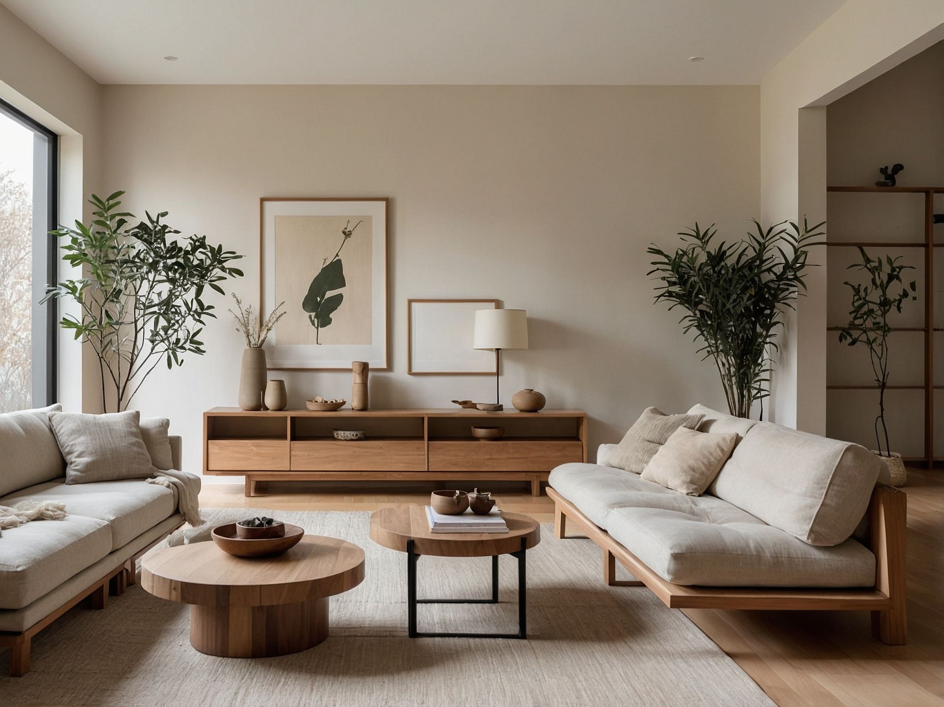 Minimalist beige living room with low wooden sofas, round coffee table, and potted plants near a bright window