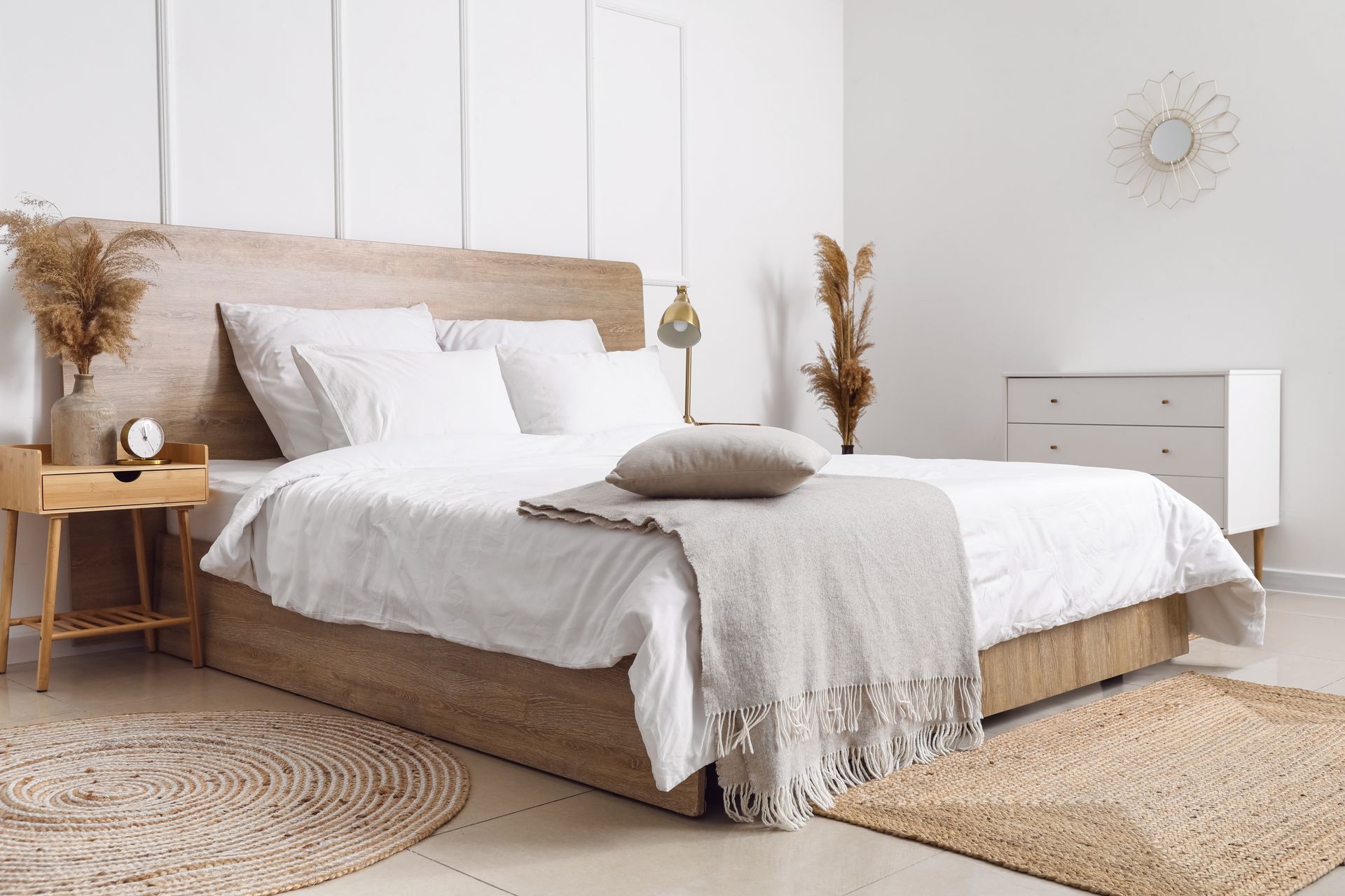 Minimalist bedroom with a white bed, wooden headboard, bedside table, dresser, and neutral decor.