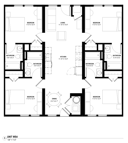Black-and-white apartment floor plan with multiple bedrooms, bathrooms, and a central living area.