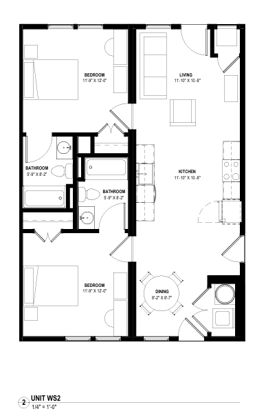 Black-and-white apartment floor plan showing rooms, closets, bathrooms, kitchen, and living area.