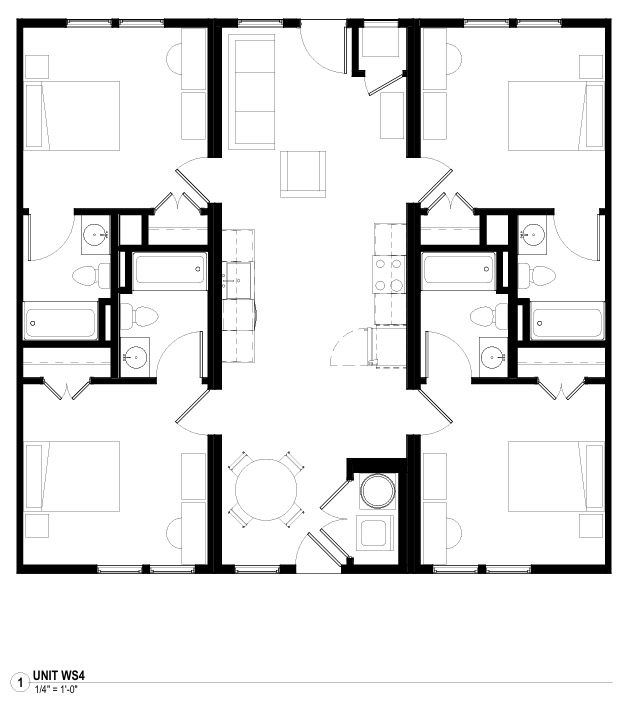 Black-and-white floor plan of a mirrored apartment layout with four bedrooms, central living area, and bathrooms
