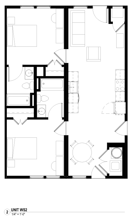 Apartment floor plan showing a two-bedroom layout with kitchen, living area, and bathroom.