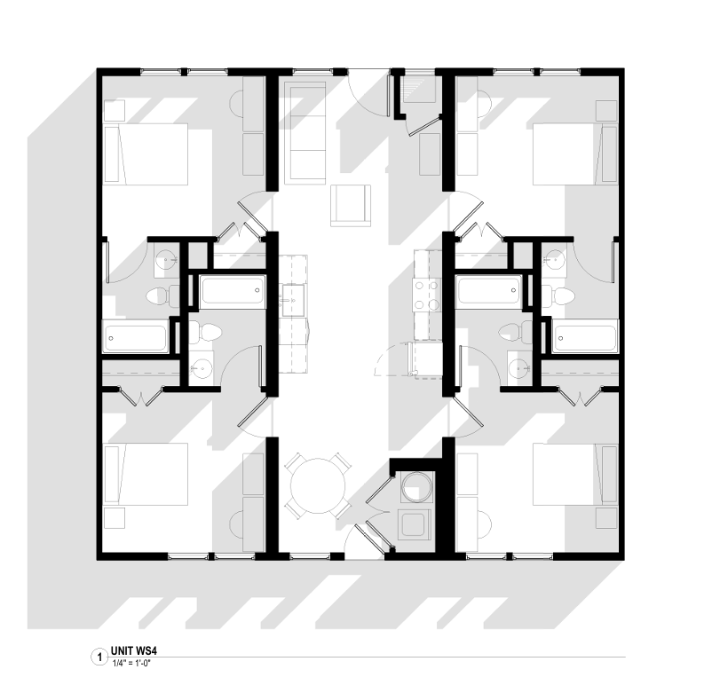 Black-and-white architectural floor plan showing a symmetric interior layout with rooms and hallways