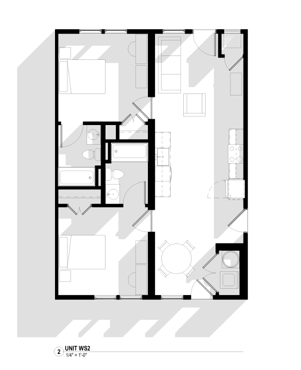 Black-and-white apartment floor plan with multiple rooms, bathrooms, and central hallway.