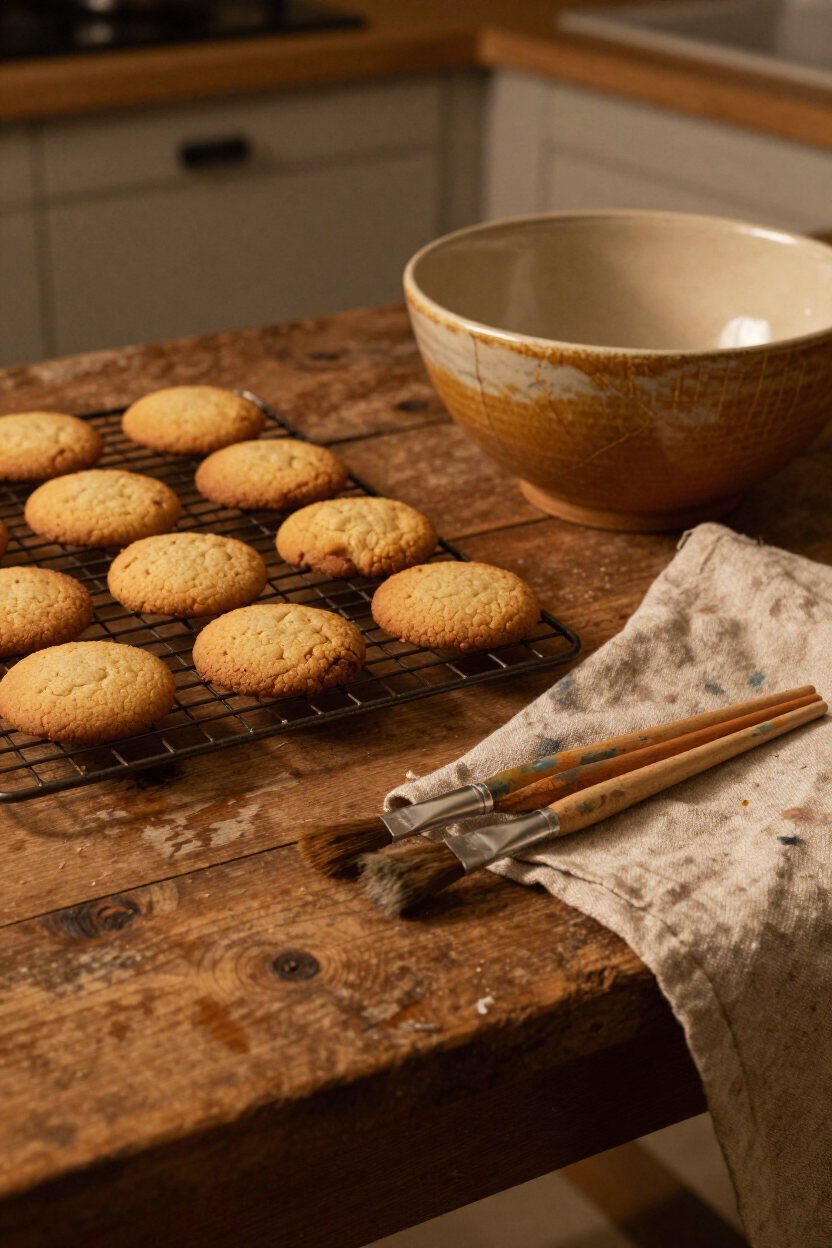 Freshly baked cookies on a wooden table with a bowl, whisk, and flour towel in a kitchen