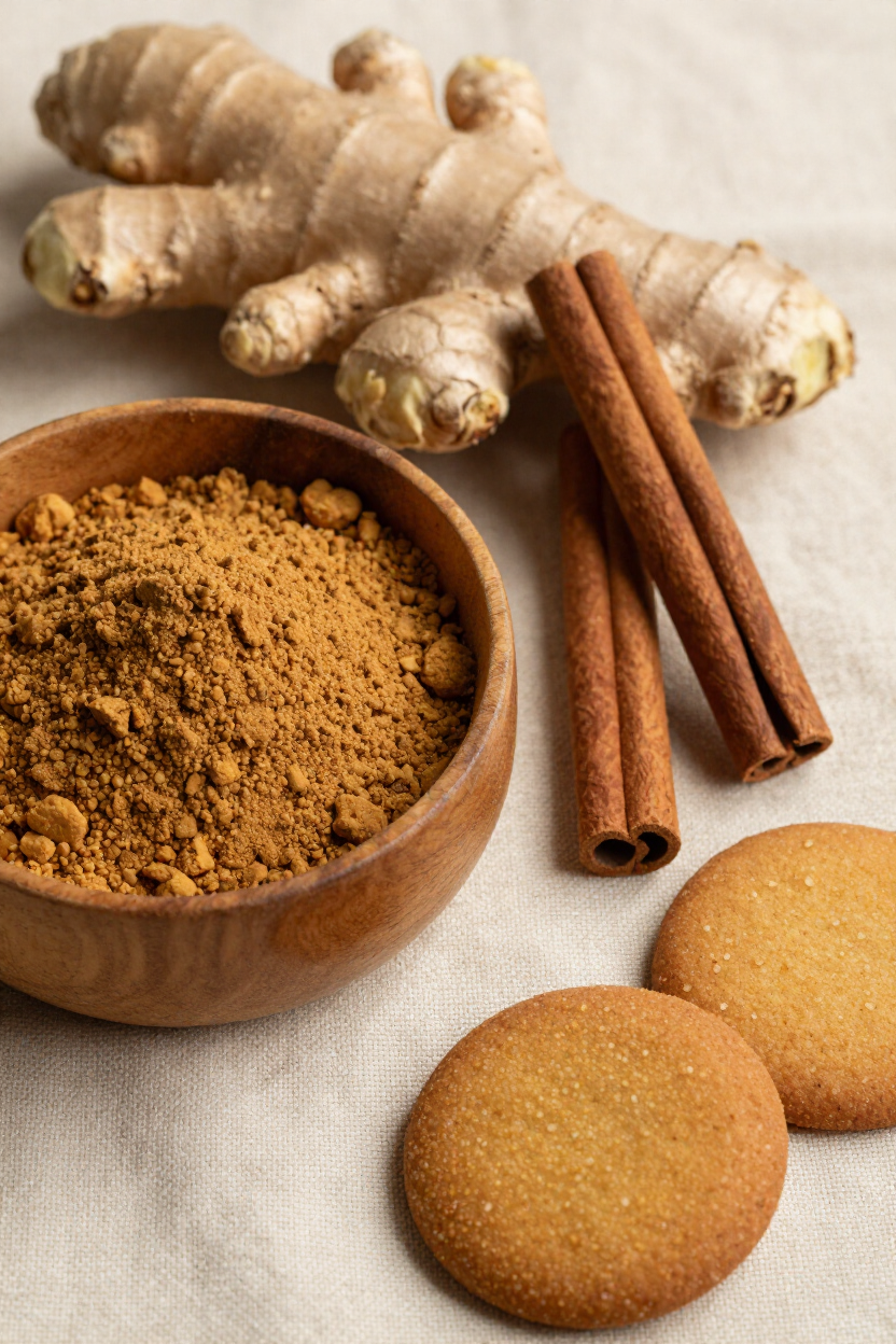 Ground ginger in a bowl with fresh ginger roots, cinnamon sticks, and two cookies on a beige background