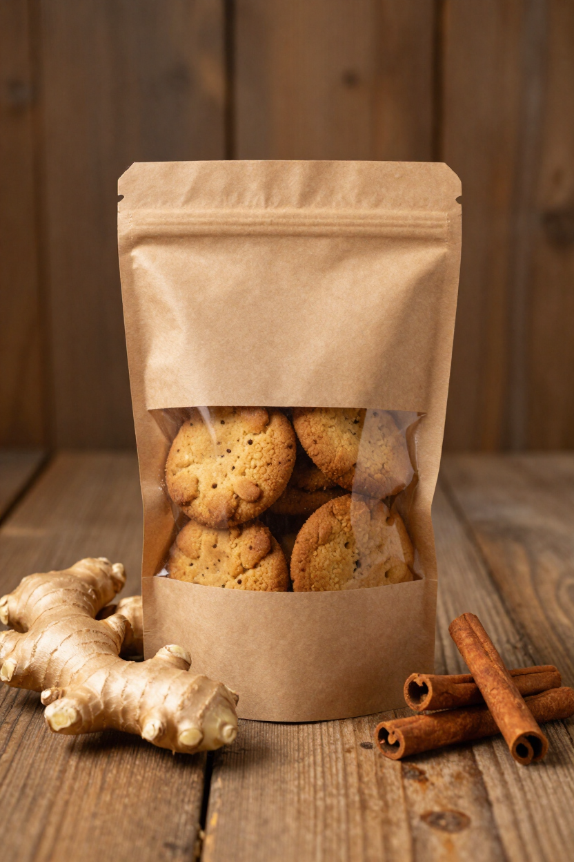 Brown paper pouch of cookies with a clear window, on a rustic wooden table with ginger root and cinnamon sticks.