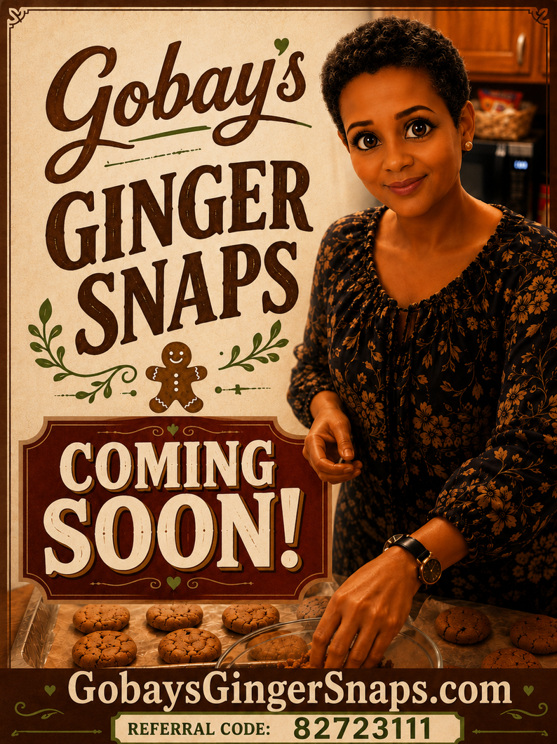 Gobay’s Ginger Snaps ad with a woman beside the text “COMING SOON!” and a cookie on the floor