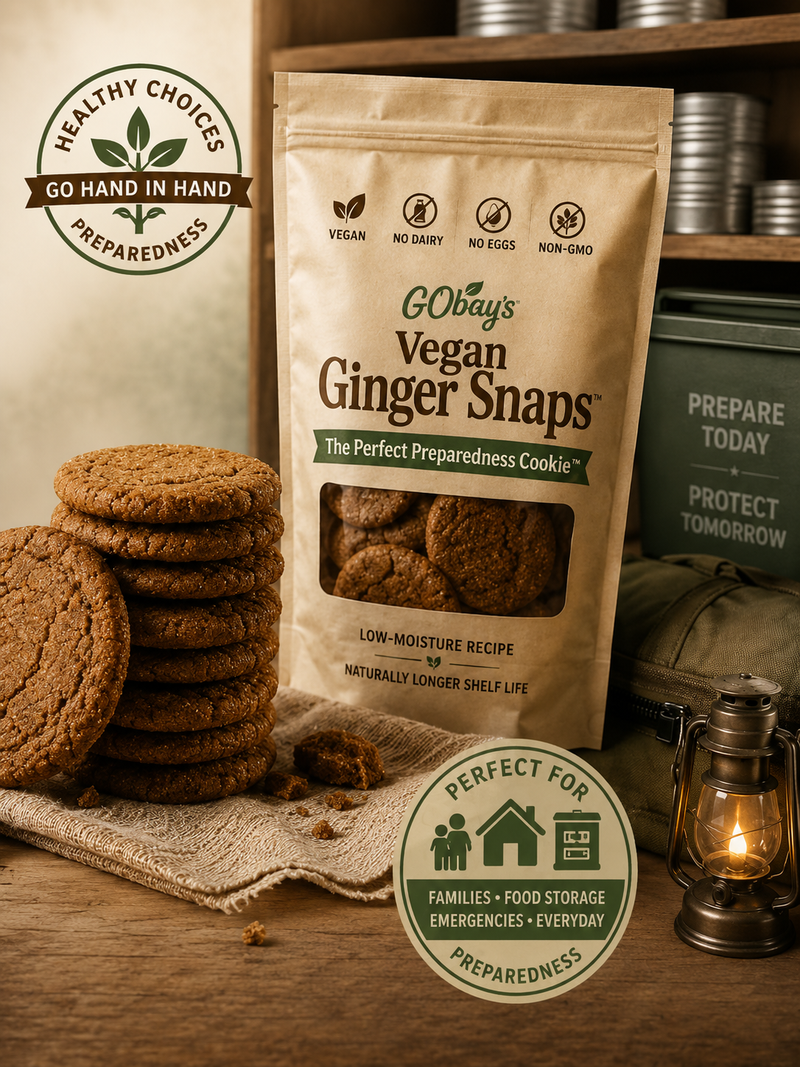 Bag of vegan ginger snaps beside stacked cookies on a rustic wooden table, with eco-friendly packaging labels