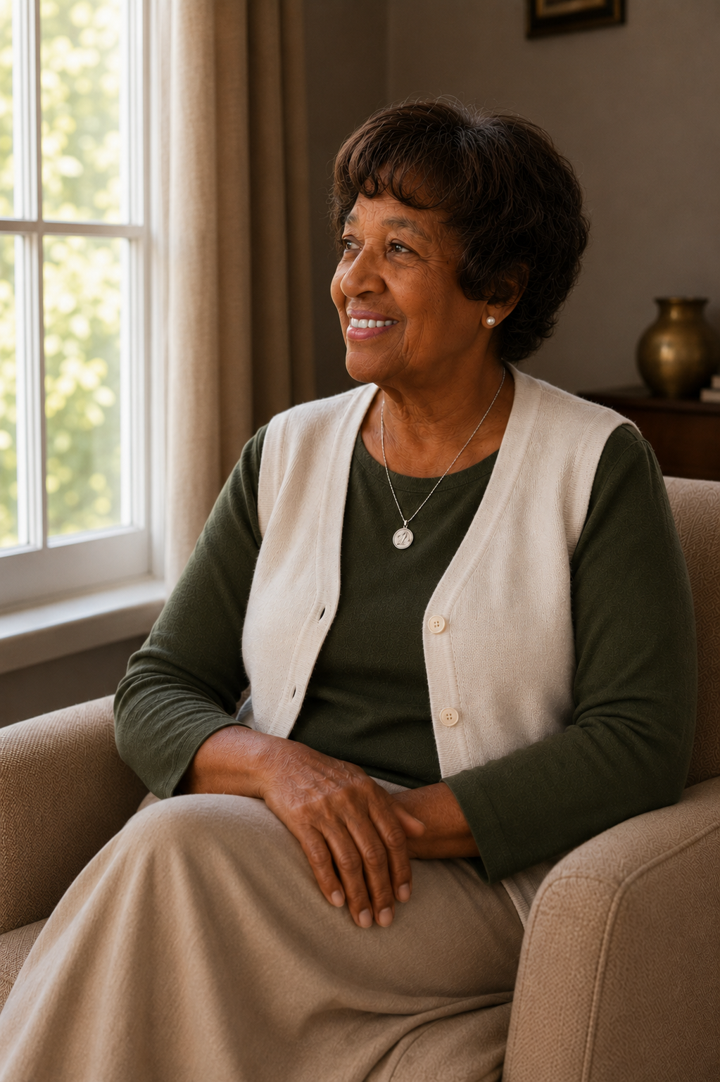 Woman seated in a beige chair by a window, smiling in a green top and light vest.