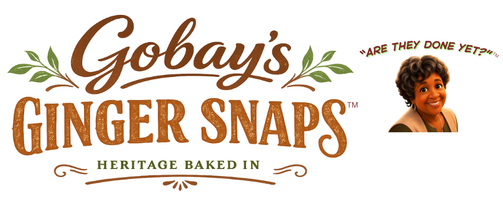 Gobay's Ginger Snaps logo with “Heritage Baked In” and a smiling portrait in the corner