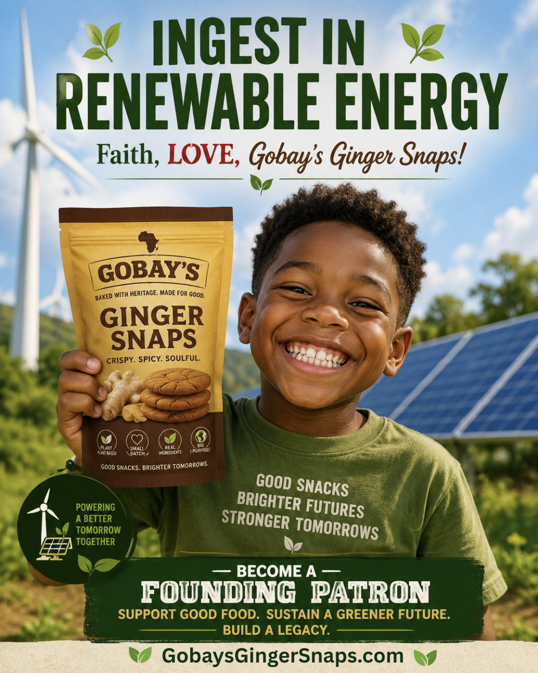Boy holding Gobay’s Ginger Snaps box in front of solar panels with “Ingest in Renewable Energy” text