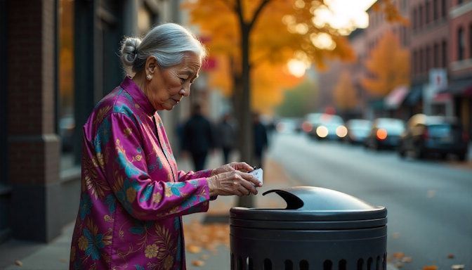 An elderly Asian woman sadly discarding her cigarette pack into a trash bin in Minneapolis
