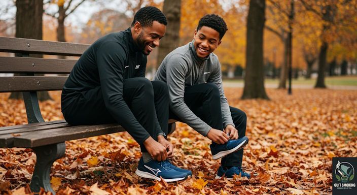 Darnell and son smiling while tying their running shoes on together on a bench in the beautiful fall