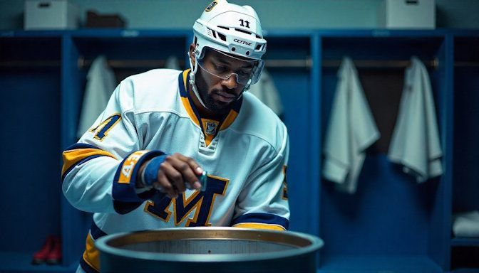 Minnesota hockey player in full white and blue gear, discarding a can of chew into a plastic trash can