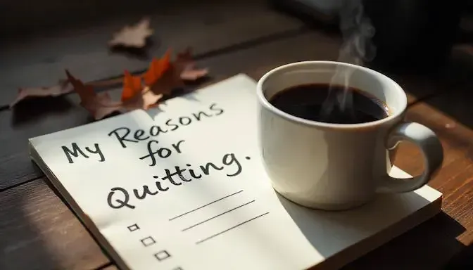 list of reasons for quitting smoking next to a hot cup of coffee