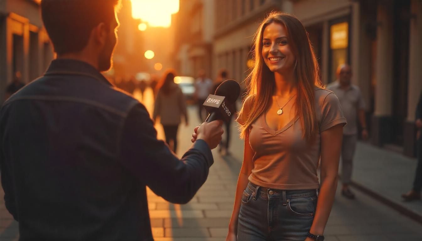 Reporter standing next to a woman holding up a microphone for her to give  her feedback.