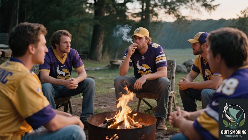 Vikings fans in jerseys around a fire pit, one discreetly smoking