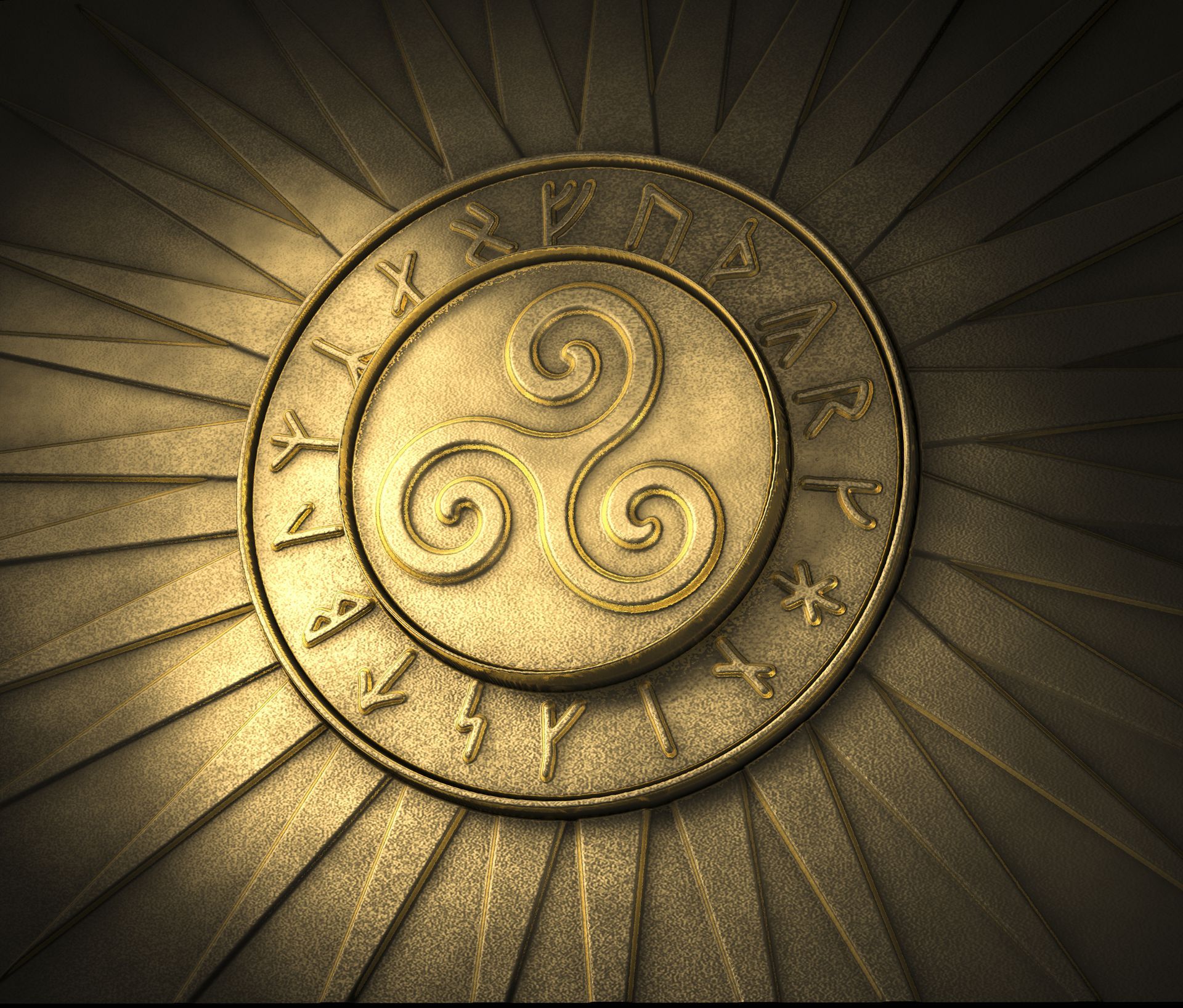 Goldenes keltisches Triskelion-Symbol mit Runen, das einen sonnenlichtähnlichen Effekt ausstrahlt.