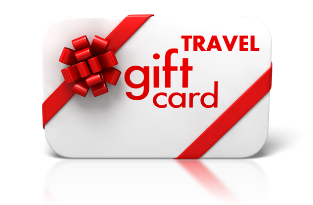 A travel gift card with a red bow