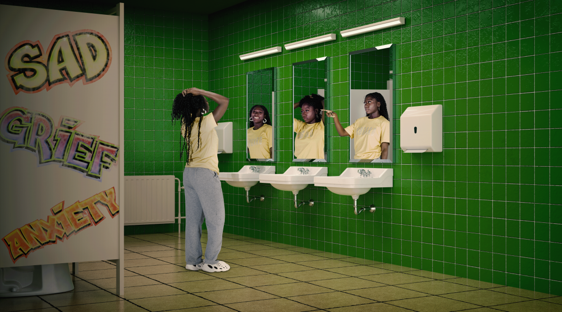 Young woman stands in public restroom, looking at mirror, with three reflections looking back, all depicting different dimensions of her being