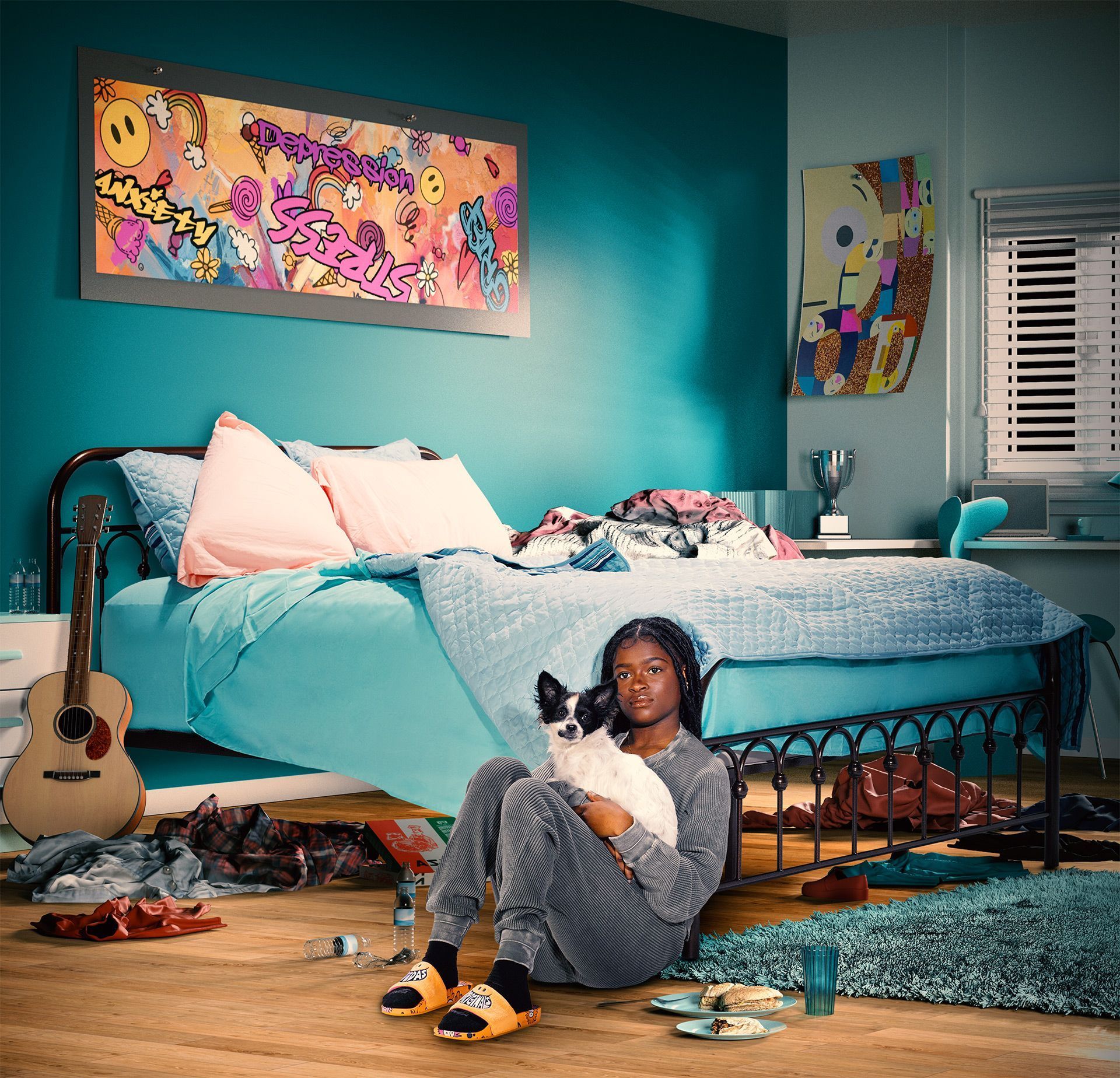 Teen girl sits on floor of messy bedroom