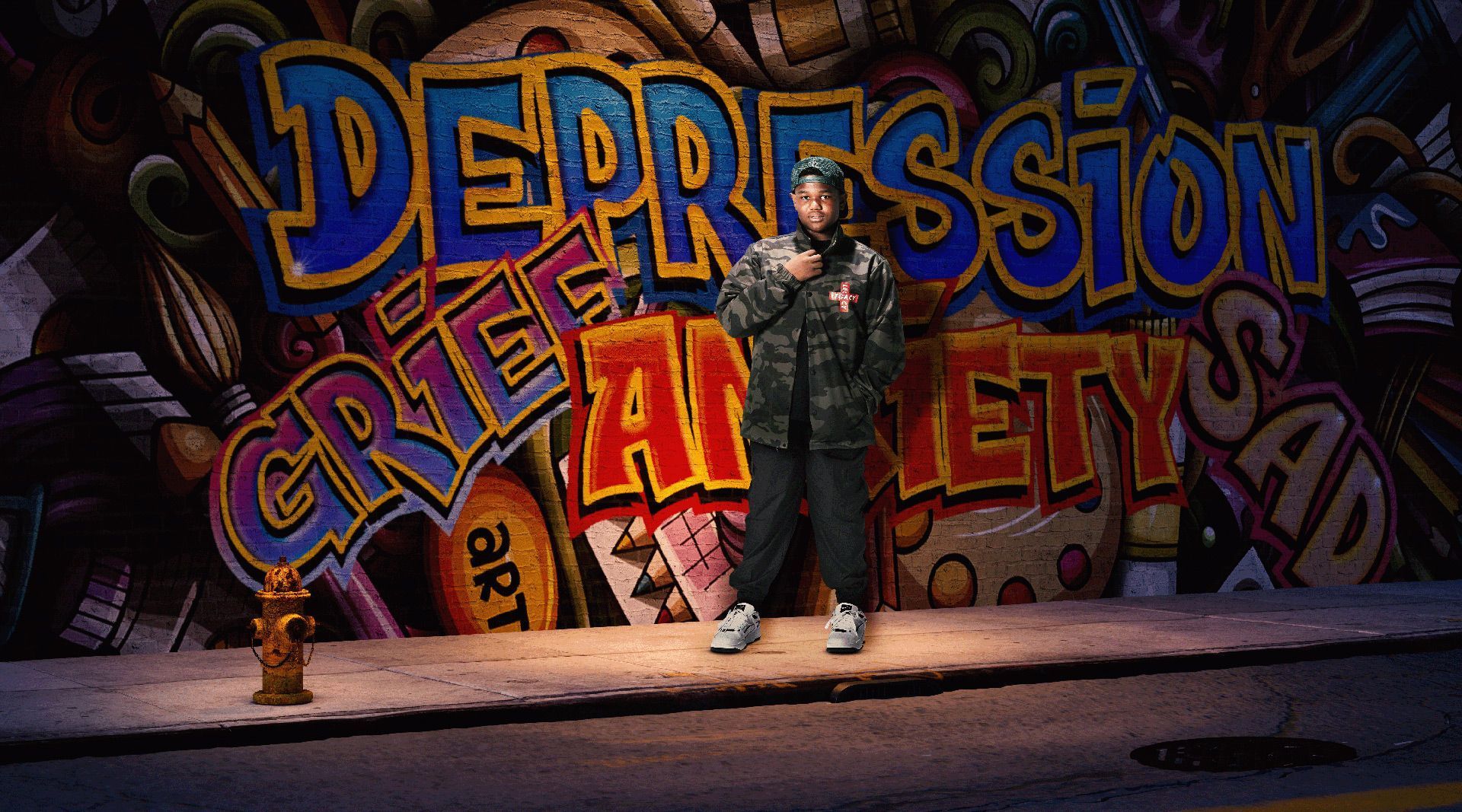 teen boy stands in front of wall tagged with