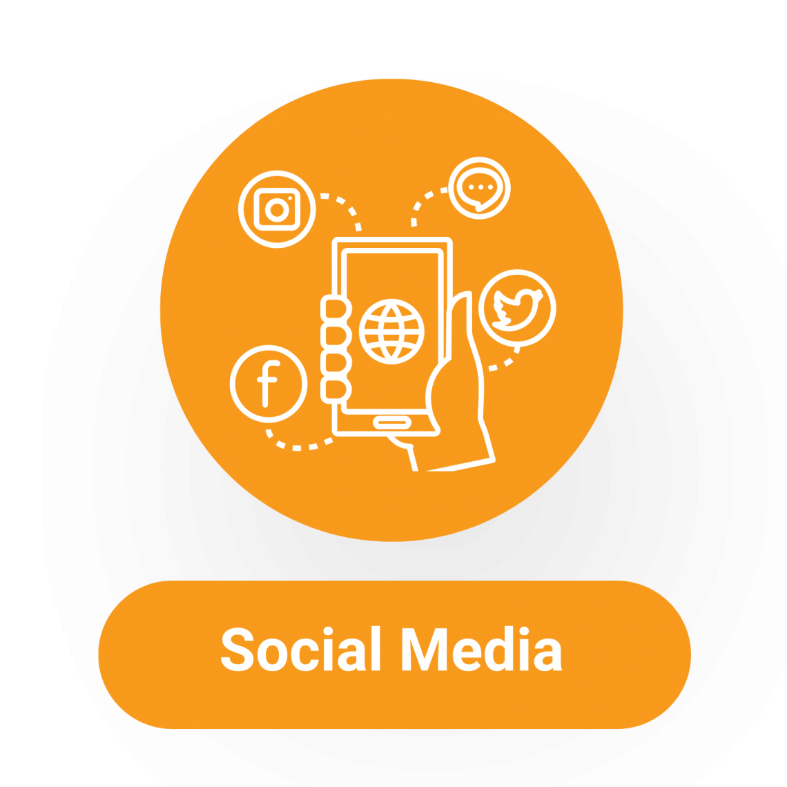 Icon of hand holding smart phone, with social media icons