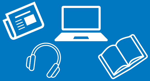 graphic of newspaper, laptop, headphones, and book
