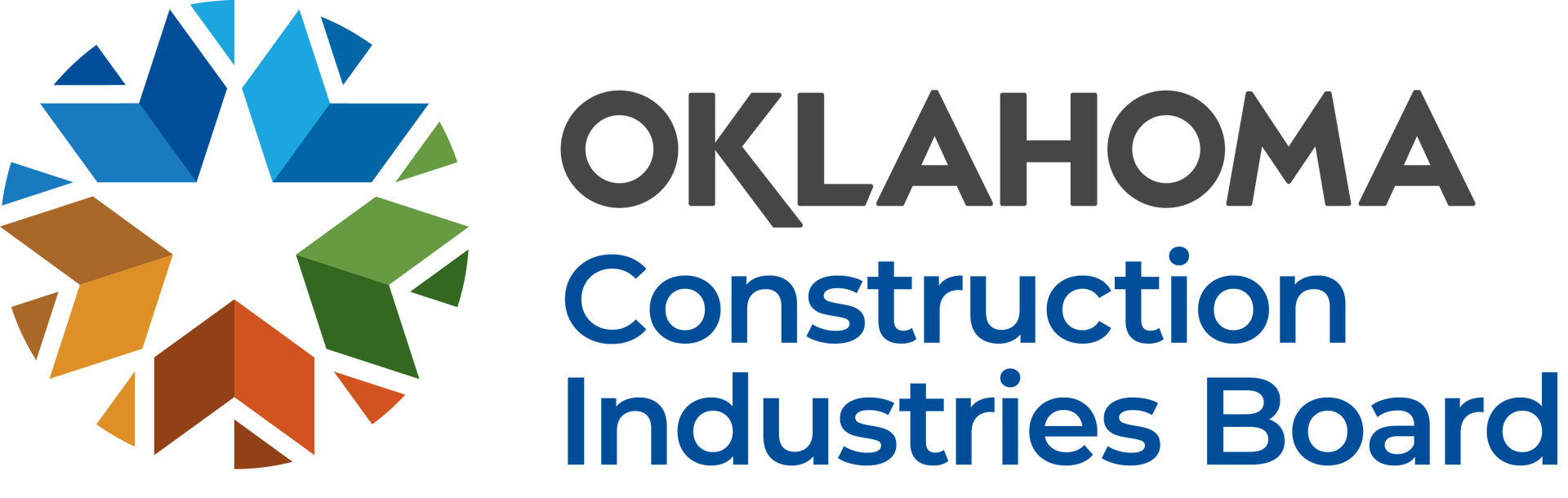 Oklahoma Construction Industries Board logo with colorful geometric emblem and black text on white background