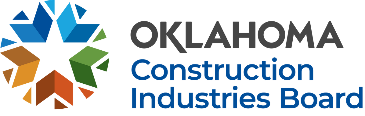 Oklahoma Construction Industries Board logo with colorful geometric emblem and black text on white background