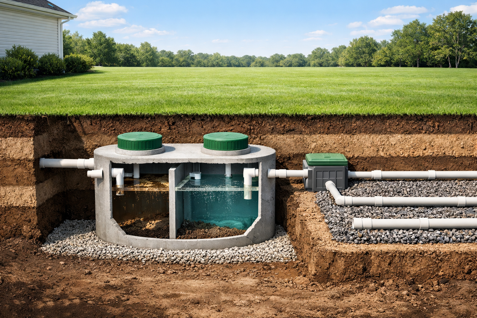 Septic tank system in a grassy yard, showing underground chambers and pipes in a cutaway view