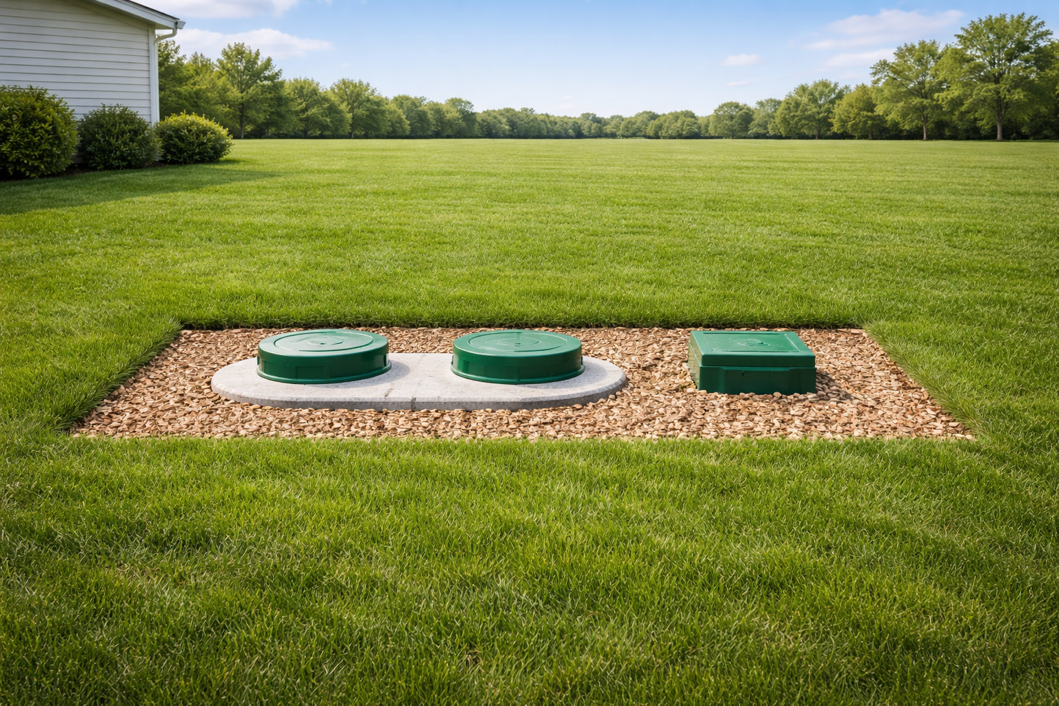 Three green utility covers in a gravel bed on a lawn near a house