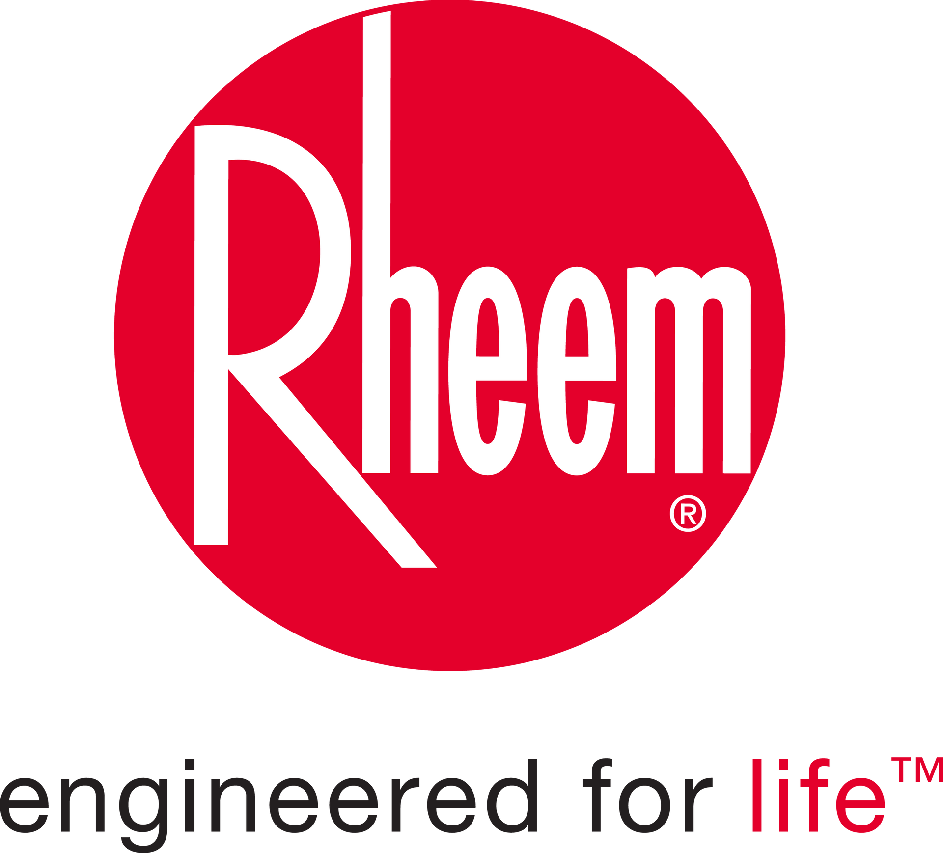 Rheem logo in white on a red circle with the tagline “engineered for life” below