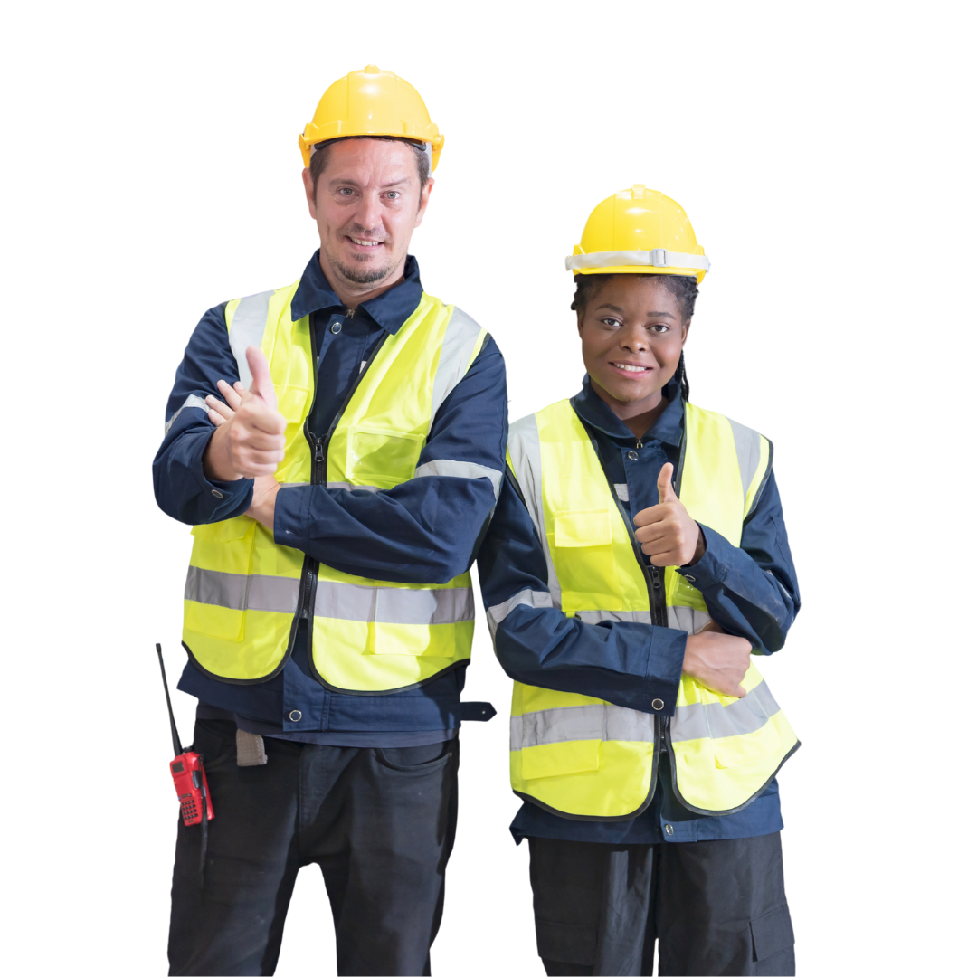 Two construction workers in yellow hard hats and reflective vests posing with thumbs up on a white background
